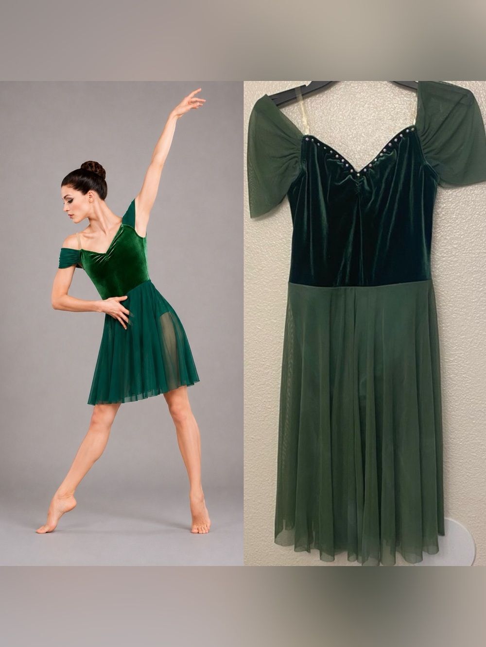 Kelle Dance costume solo green velvet off Shoulder dress lyrical MA-Medium adult